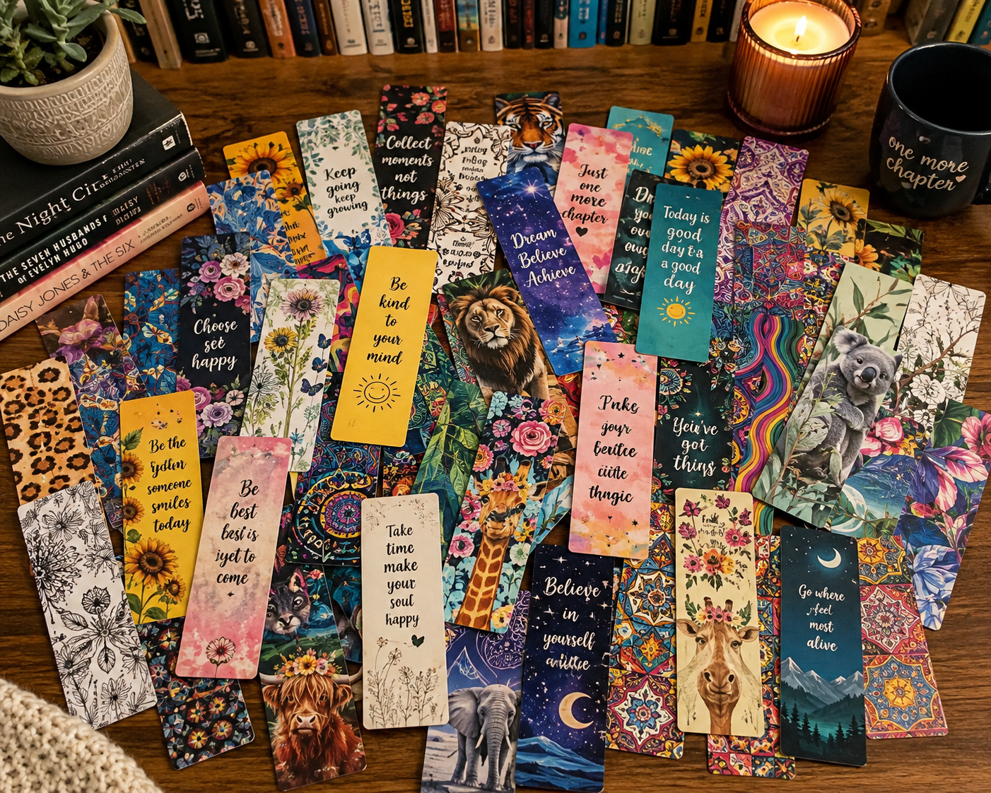 Collection of colourful illustrated card bookmarks with animals, florals and inspirational quotes