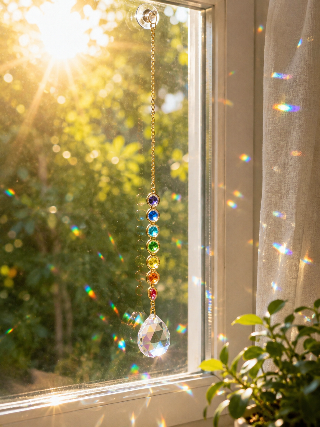 Rainbow crystal sun catcher hanging in a sunny window casting rainbow light