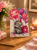 Tatty Teddy Happy Birthday Balloon Card with party hat and confetti