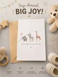 Welcome to the World new baby card with safari animals illustration