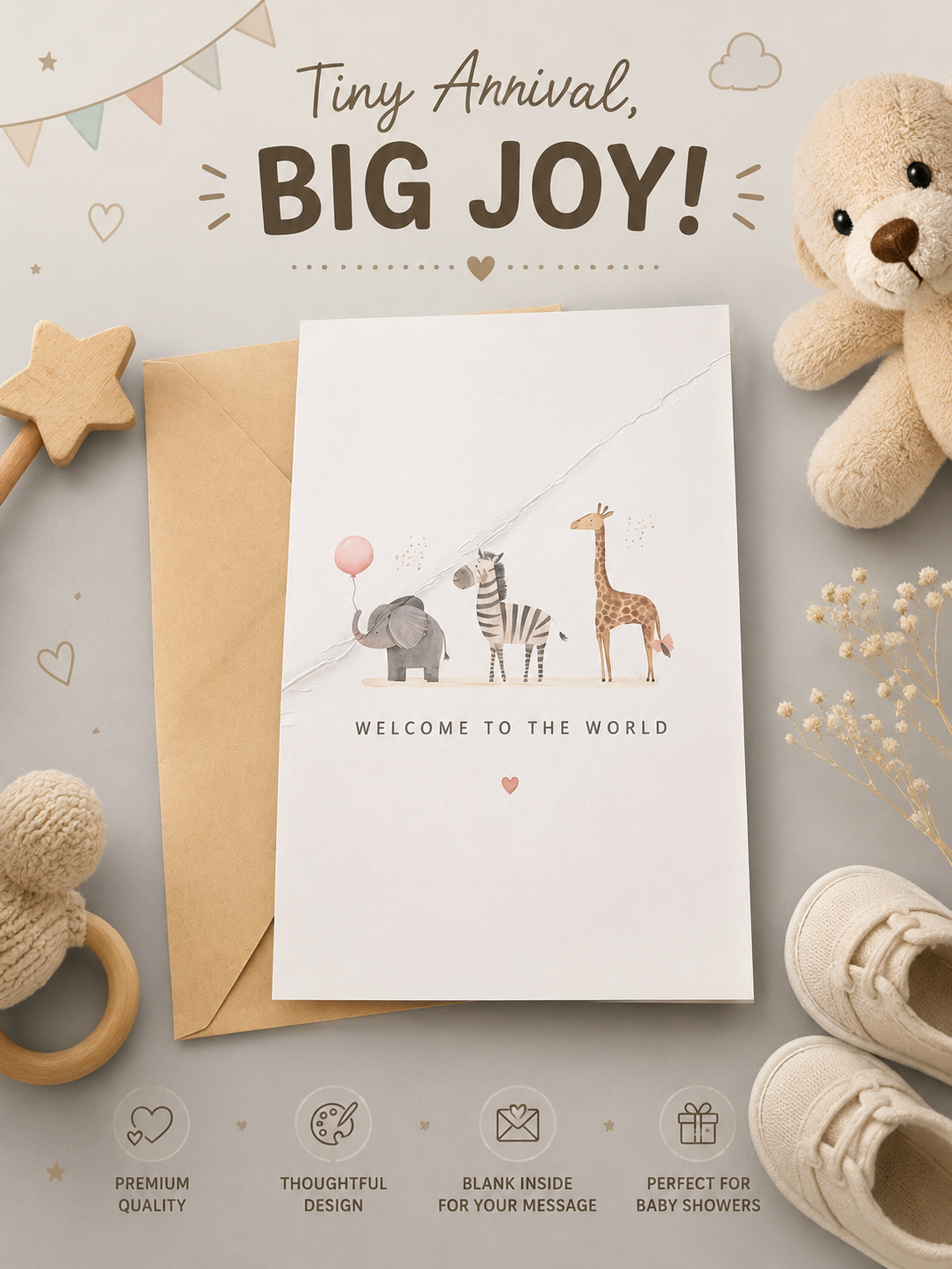 Welcome to the World new baby card with safari animals illustration