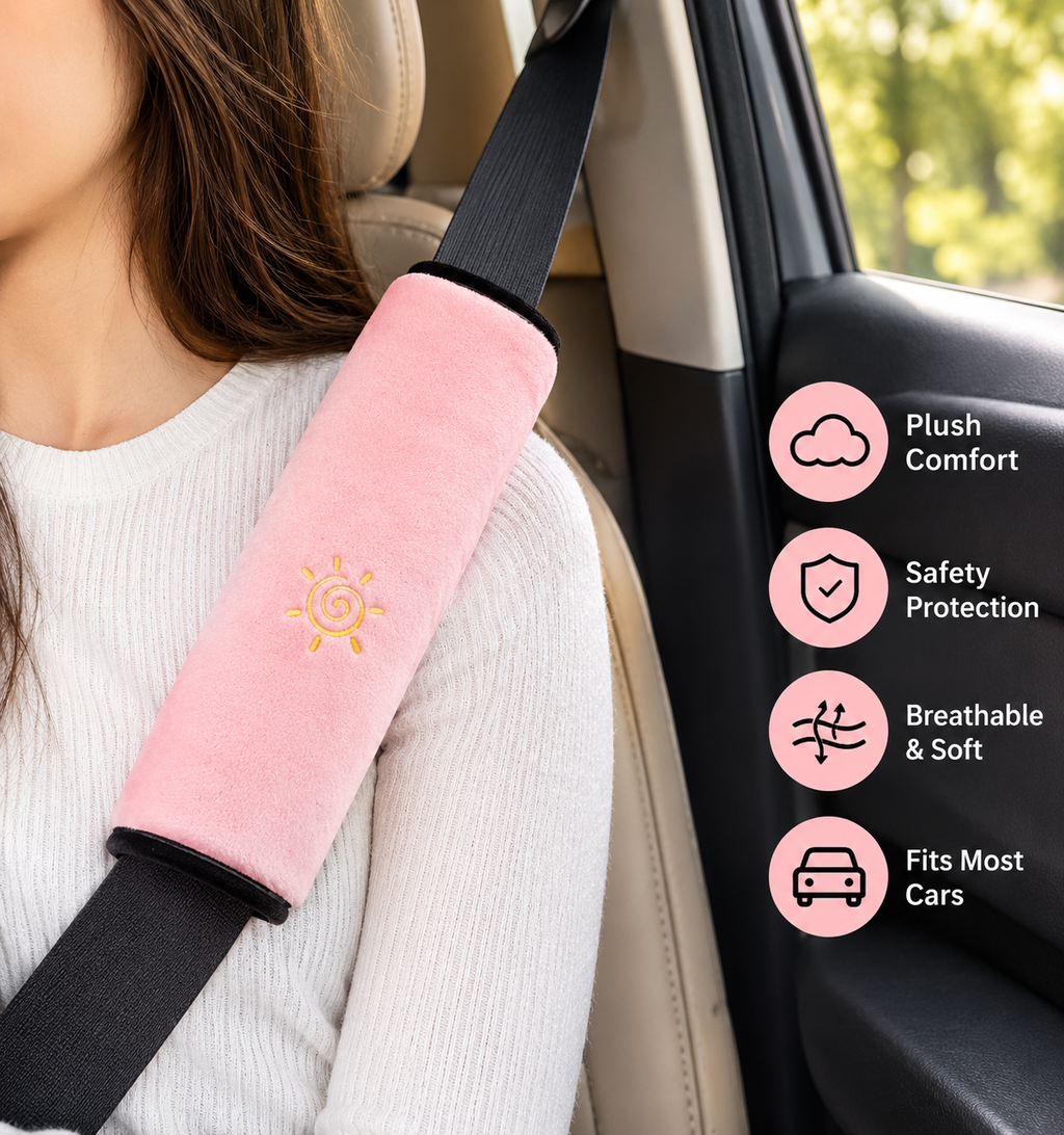 Woman wearing pink plush seat belt cover pad showing plush comfort, safety protection, breathable and fits most cars features