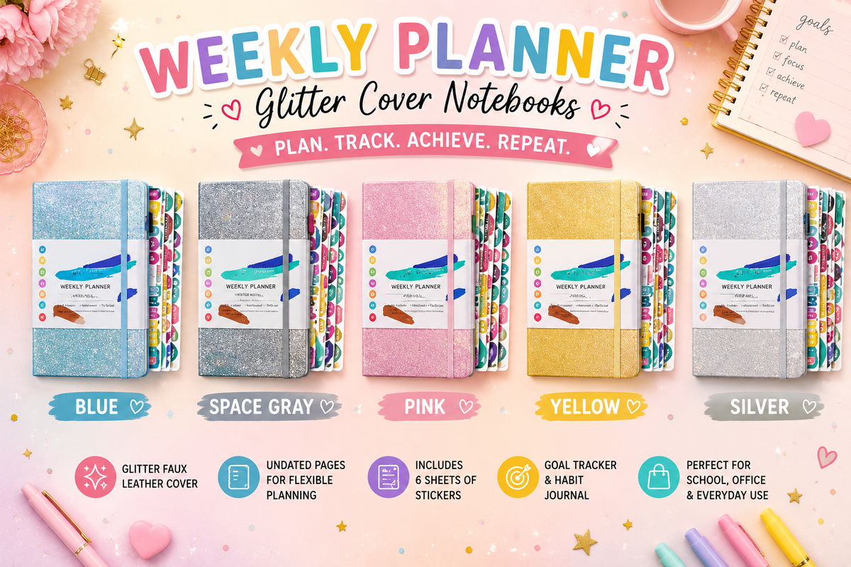 Weekly Planner Glitter Cover Notebooks in 5 colours: Blue, Space Gray, Pink, Yellow and Silver