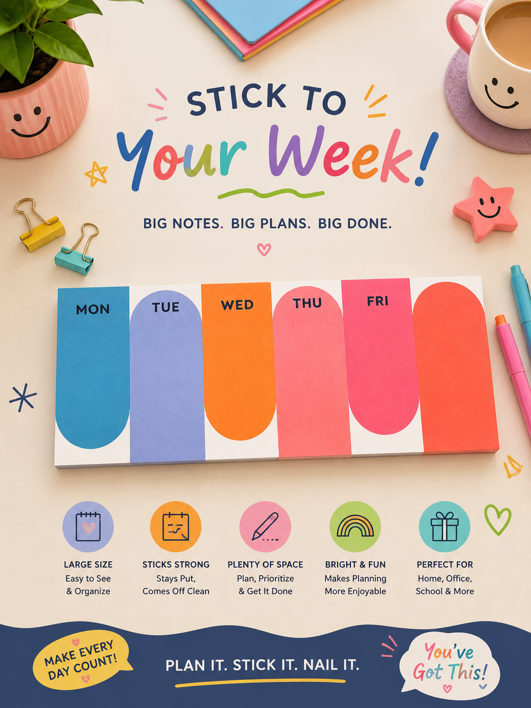 Colourful weekly sticky note planner pad with Monday to Friday columns in bright colours