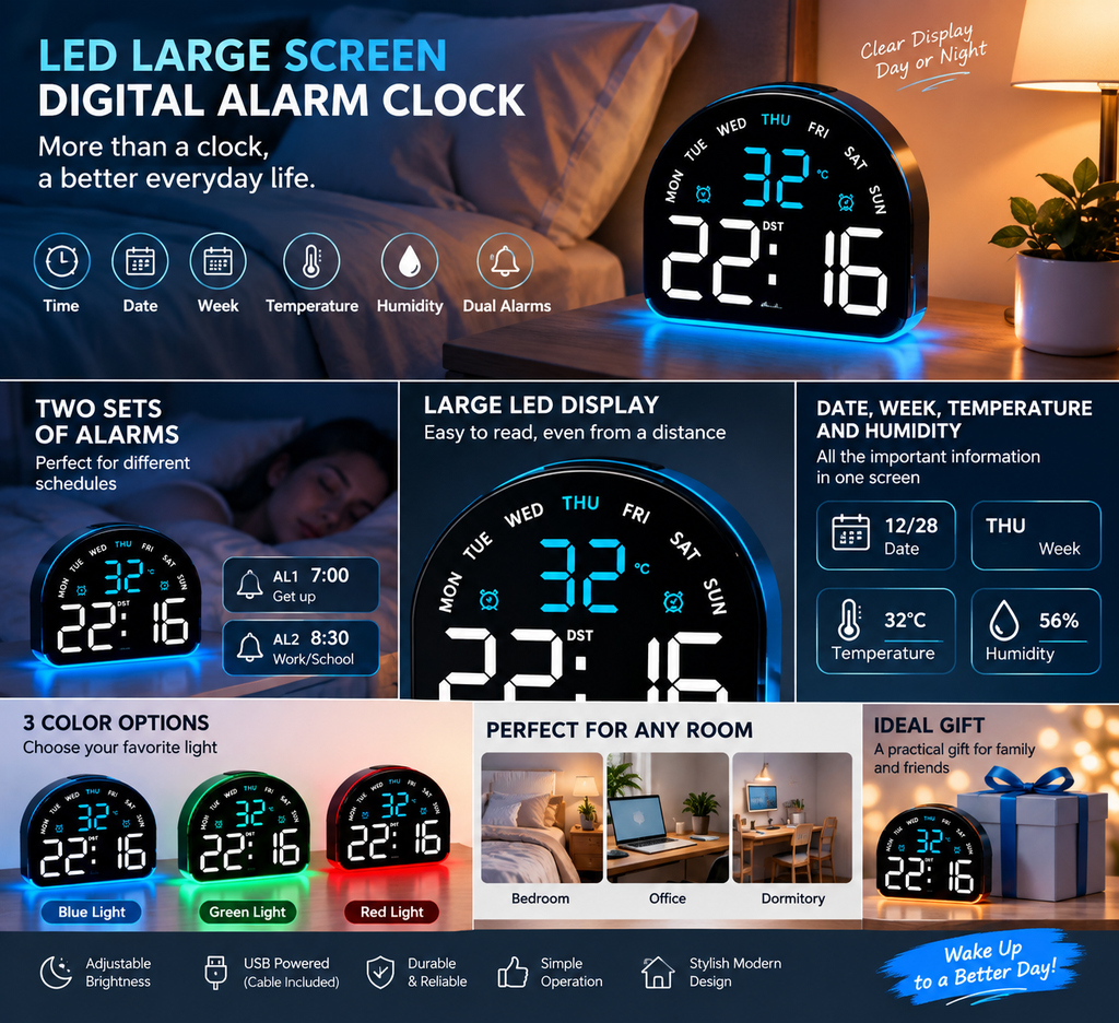 LED Large Screen Digital Alarm Clock features