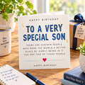 Happy Birthday to a Very Special Son greetings card – bold blue typographic design with heartfelt birthday sentiment