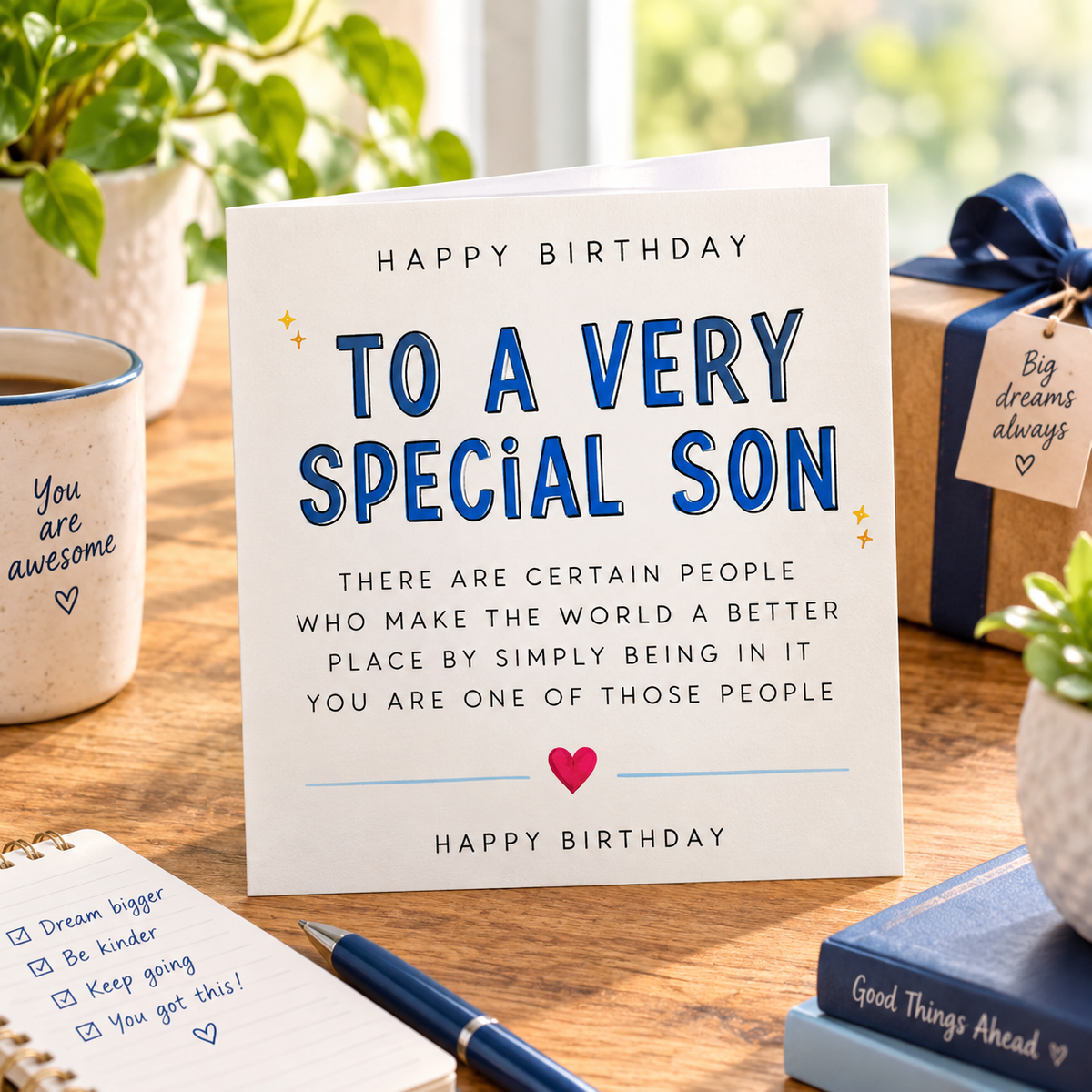 Happy Birthday to a Very Special Son greetings card – bold blue typographic design with heartfelt birthday sentiment