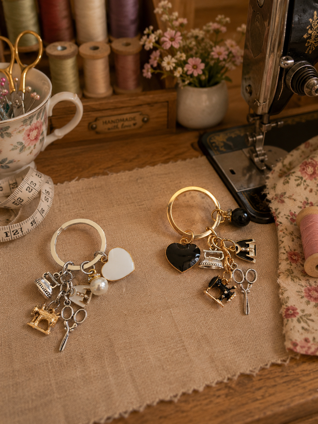Set of 3 sewing-themed charm keyrings with gold-tone sewing machine, scissors, iron and heart charms