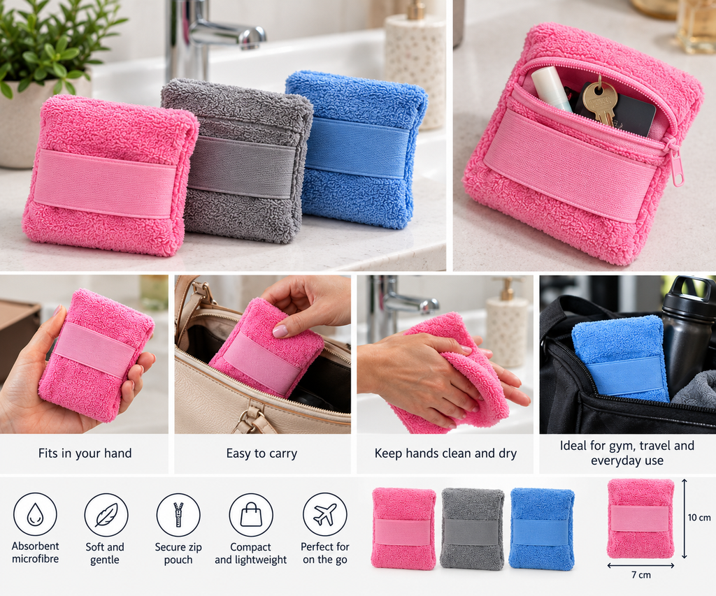 Hand towel pouch detail – absorbent microfibre, secure zip pouch, compact 10x7cm size for travel and gym