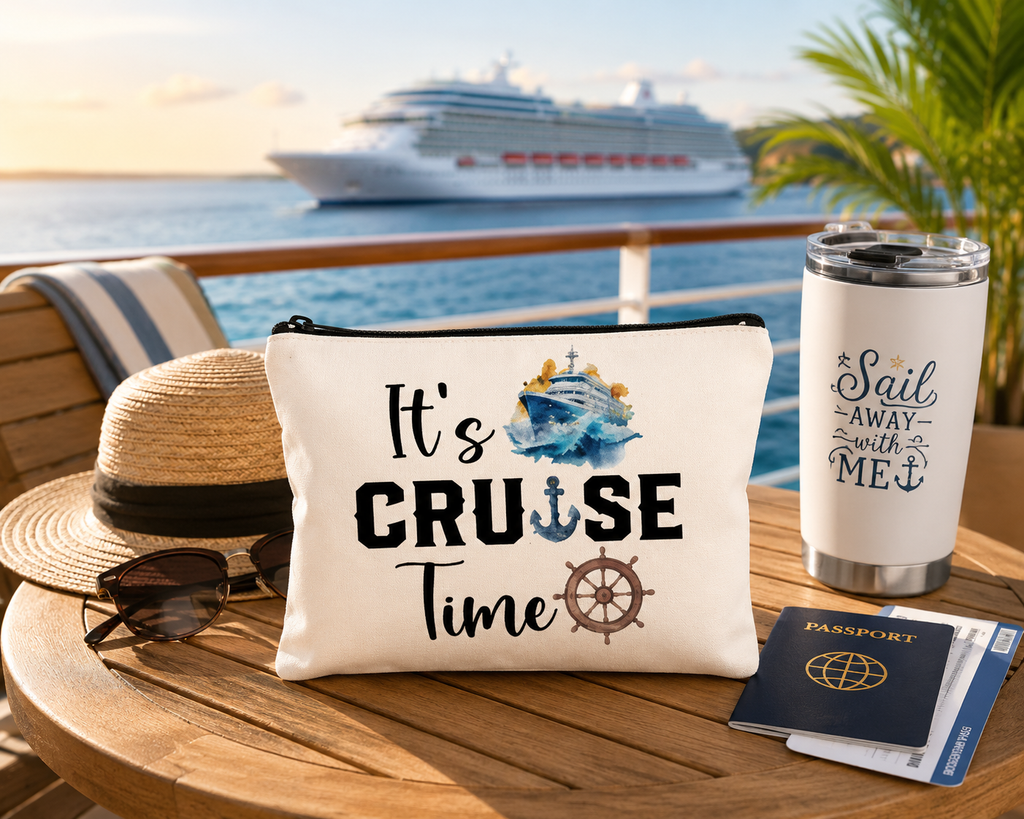 It's Cruise Time canvas makeup bag on a cruise ship deck with passport and sunglasses