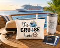It's Cruise Time canvas makeup bag on a cruise ship deck with passport and sunglasses