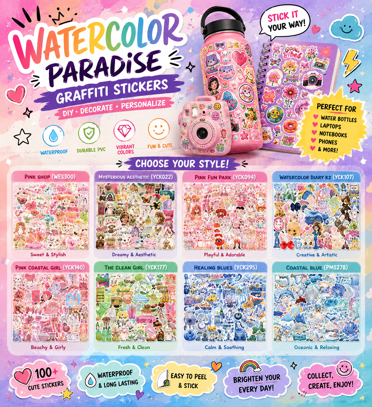 WaterColour paradise graffiti stickers pack showing 8 colourful theme options
