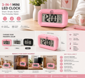 3-in-1 Mini LED Alarm Clock in Pink