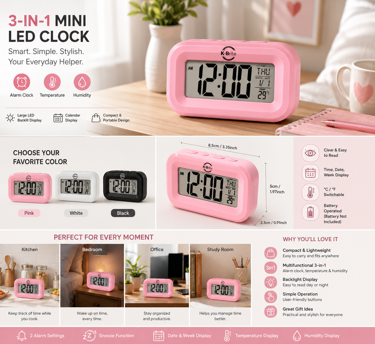 3-in-1 Mini LED Alarm Clock in Pink