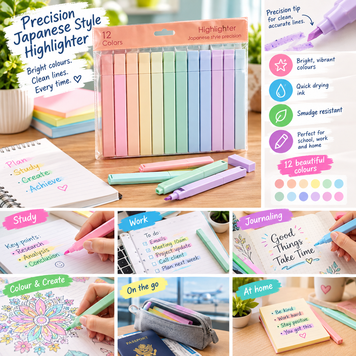 Precision Japanese Style Highlighters 12 colours pack – precision tip, quick-drying, smudge-resistant