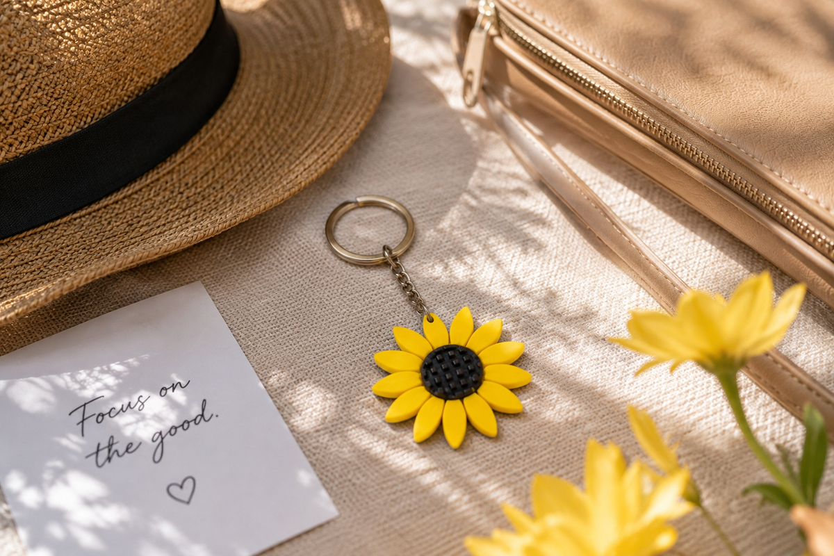 Sunflower keyring on a linen surface with a straw hat, gold purse and yellow flowers