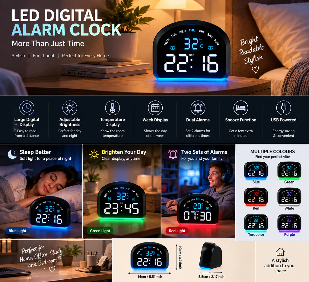 LED Digital Alarm Clock front view