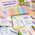Precision Japanese Style Highlighters 12 pastel colours – lifestyle infographic showing study, work, planning and journalling uses