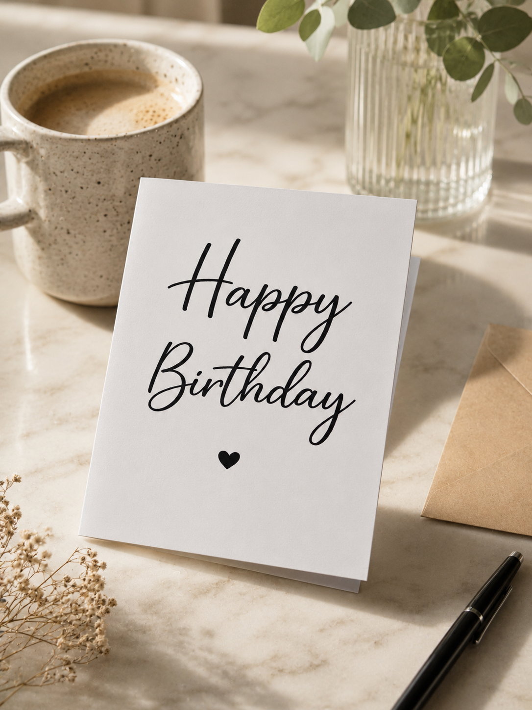 Minimalist Happy Birthday card with script typography and small heart, displayed on a marble surface with coffee and eucalyptus