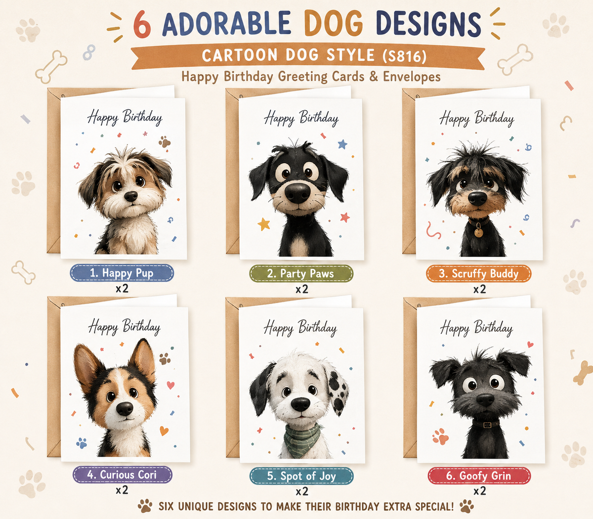 Adorable cartoon dog happy birthday greeting cards set of 12 with 6 unique designs and envelopes