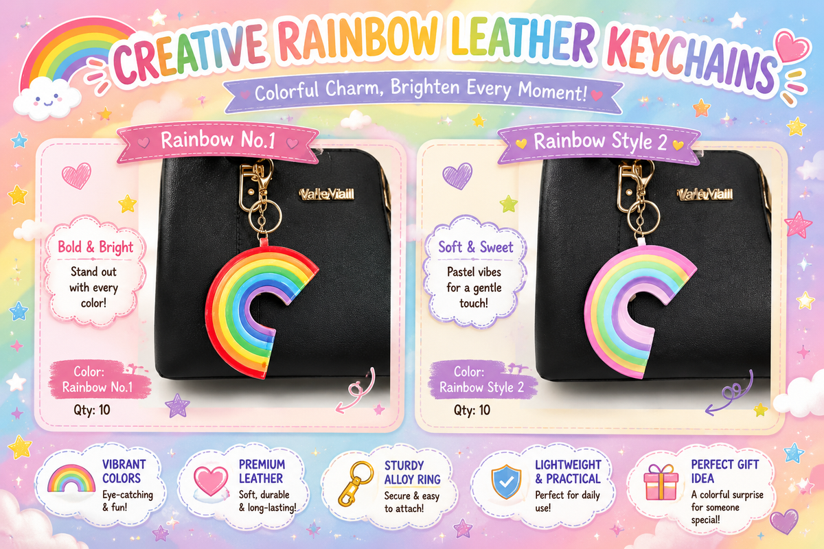 Creative rainbow leather keychains in two Designs – bold Rainbow No.1 and pastel Rainbow Design 2
