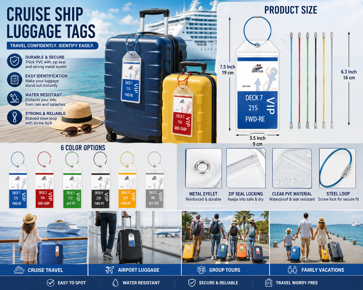 Cruise Ship Luggage Tags 7.5" x 3.5" Clear PVC – Set of 2 with Steel Loop