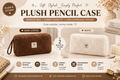 Plush checkerboard pencil case in Dark Coffee and White with bear badge detail and wrist strap