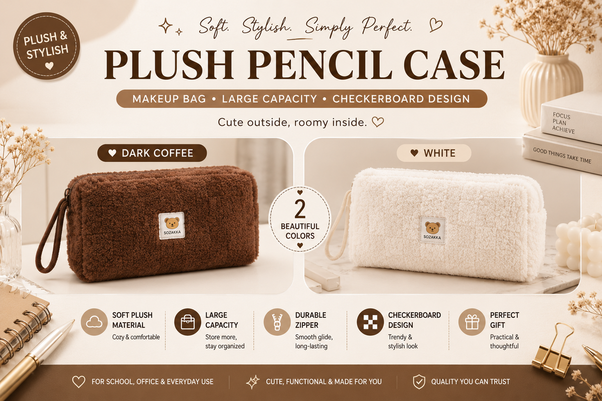 Plush checkerboard pencil case in Dark Coffee and White with bear badge detail and wrist strap