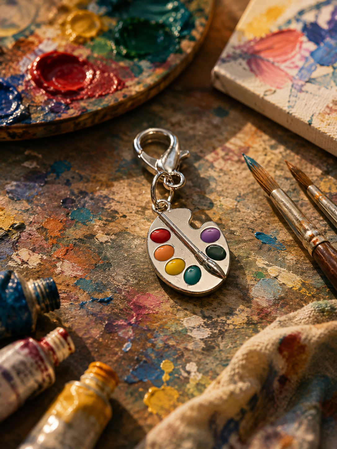 Oil-drop enamel paint palette keychain with lobster clasp on a painted artist surface
