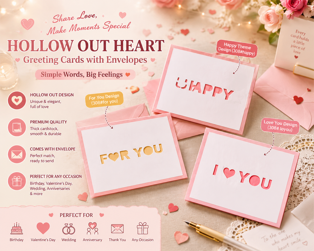 Hollow out heart greeting cards with envelopes in Happy, For You and I Love You designs