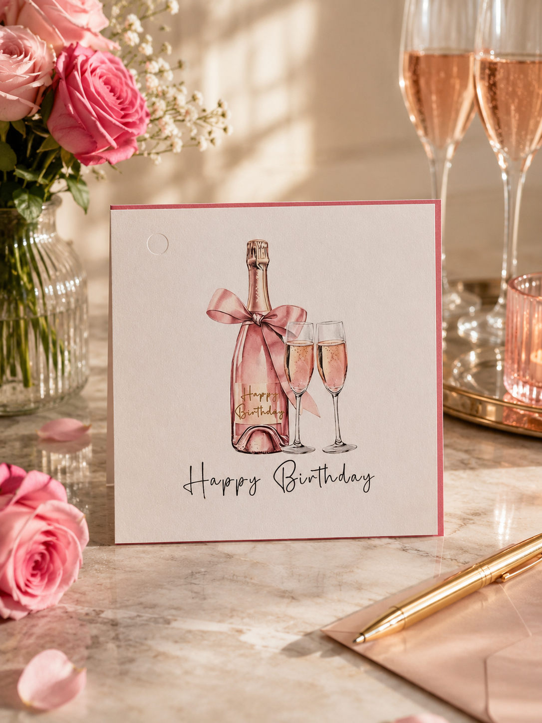 Happy Birthday Pink Fizz Bottle Card with champagne and flutes