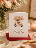 Congratulations Mr & Mrs Wedding Card with vintage car and flowers
