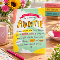Happy Birthday to a Special Auntie greetings card – gold foil lettering, colourful watercolour design with funny birthday verse