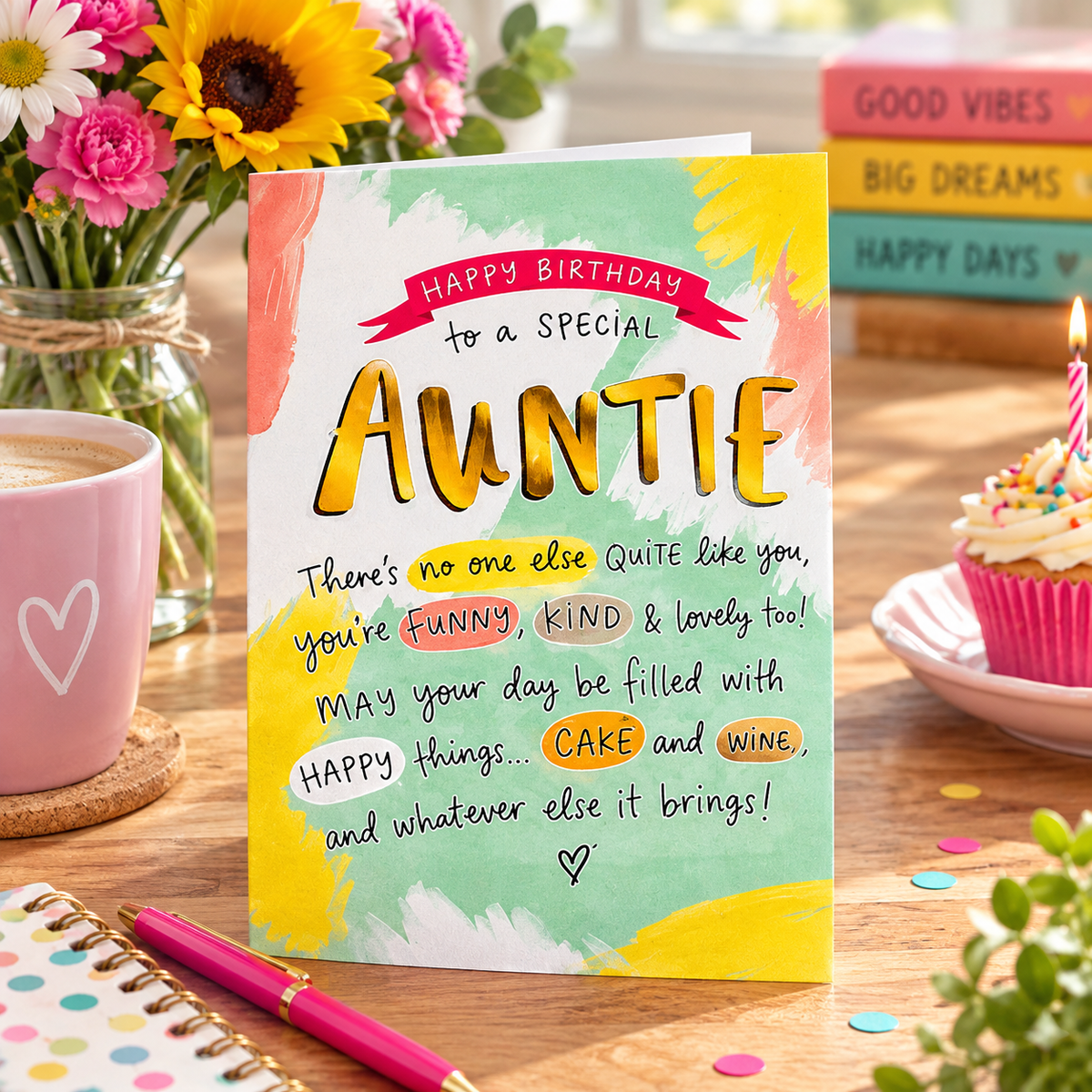 Happy Birthday to a Special Auntie greetings card – gold foil lettering, colourful watercolour design with funny birthday verse