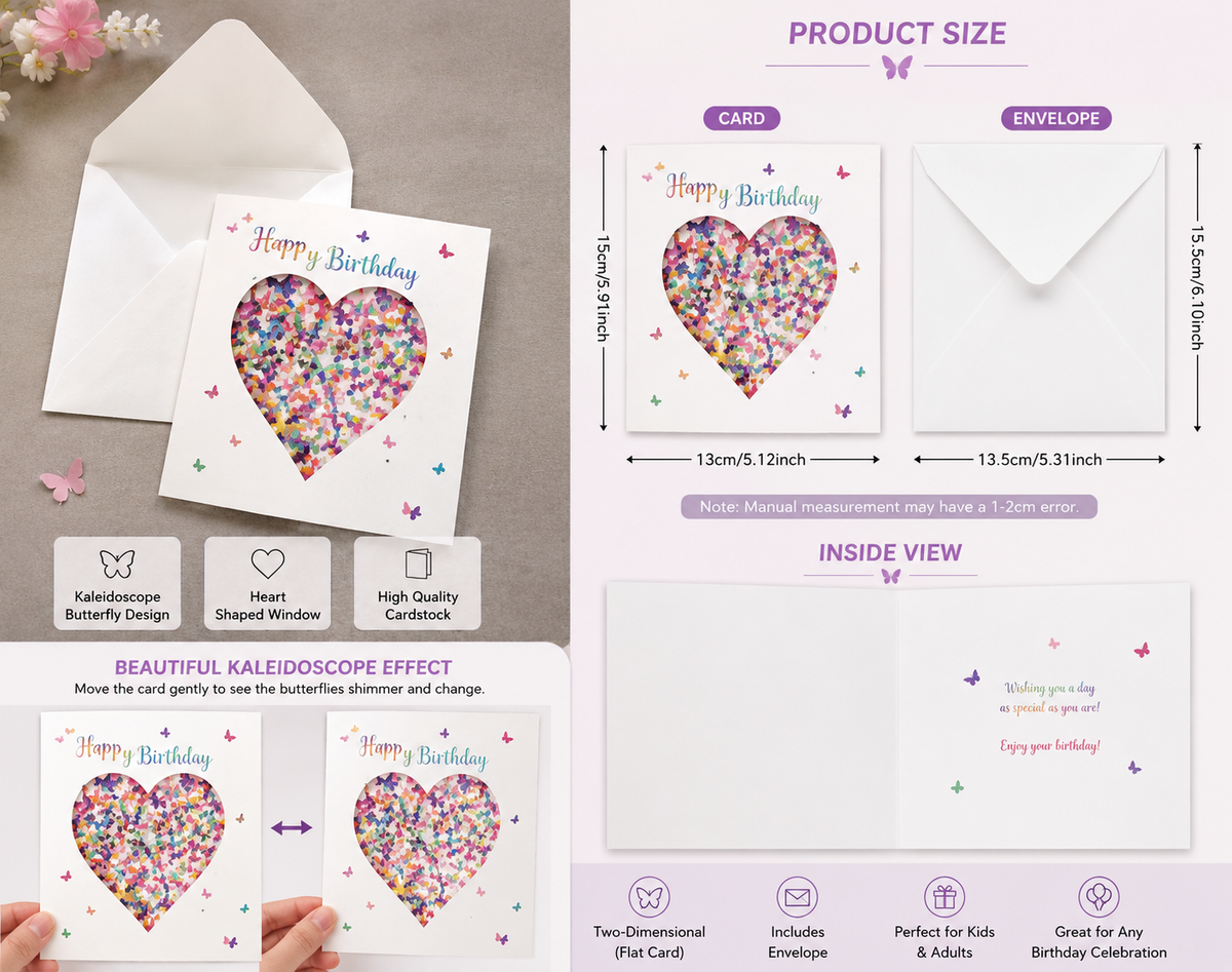 Happy Birthday kaleidoscope butterfly heart card showing shimmer effect, product size and inside message with white envelope