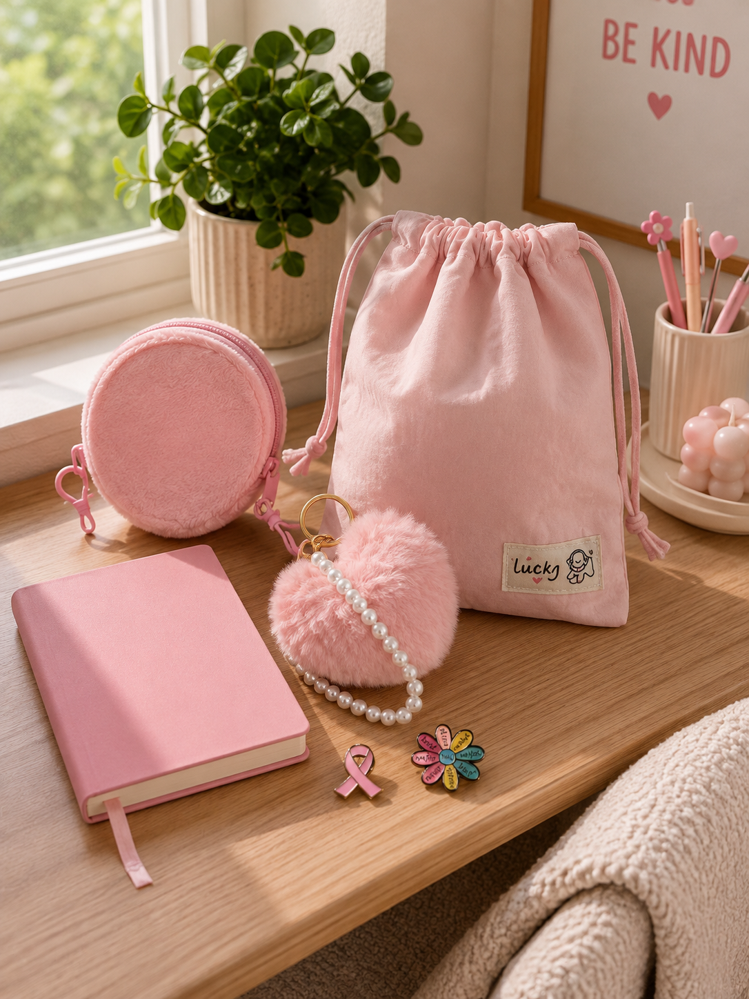 Pretty In Pink gift set featuring drawstring bag, pink notebook, pom pom keyring, faux fur purse keyring and pin badges
