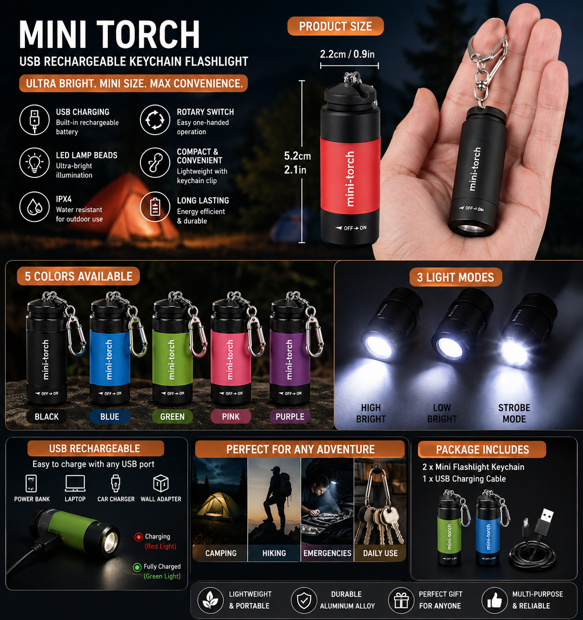 Mini Torch USB rechargeable keychain flashlight infographic showing 5 colours, 3 light modes, size and features