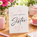 Happy Birthday Sister greetings card – elegant pink watercolour hearts with hand-lettered script