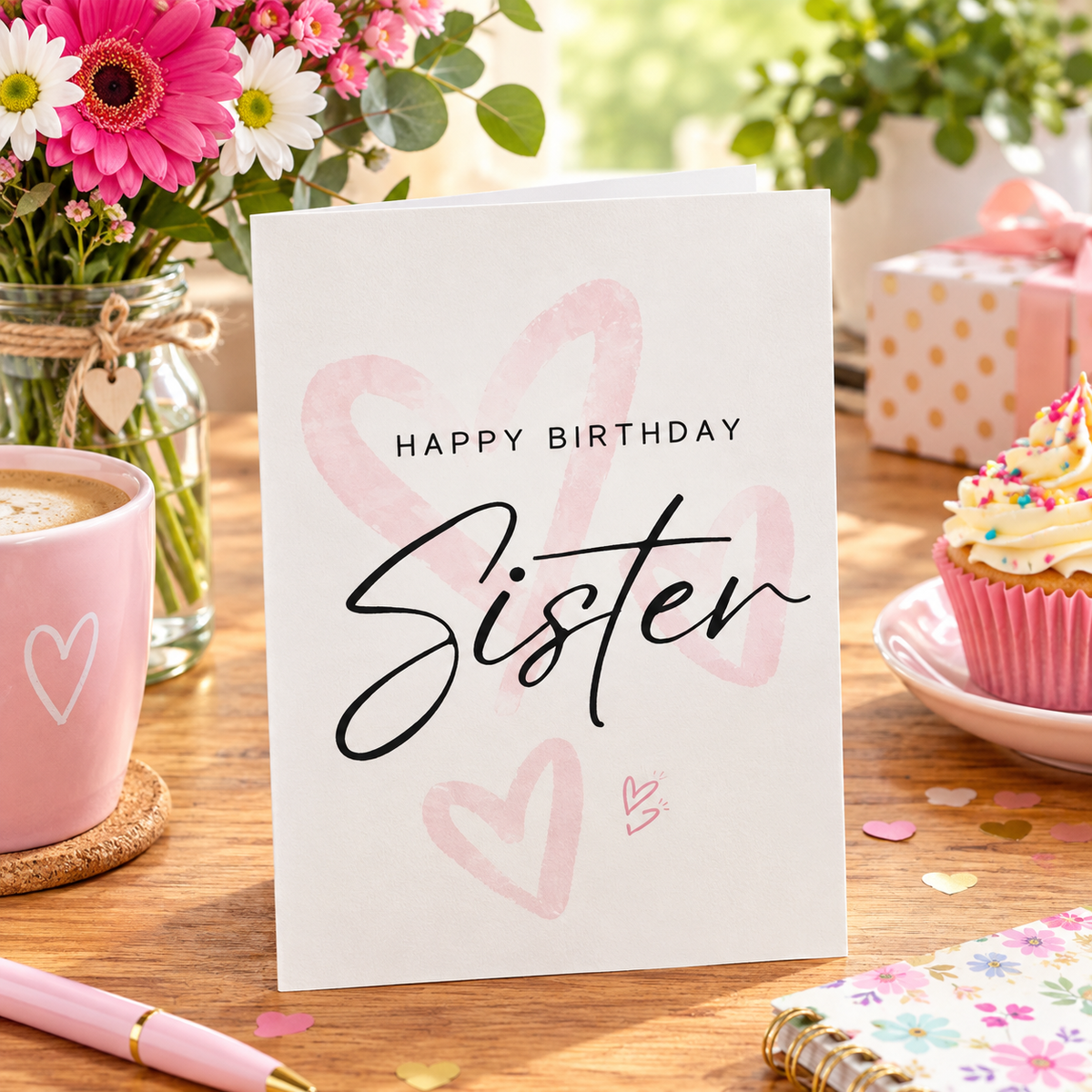 Happy Birthday Sister greetings card – elegant pink watercolour hearts with hand-lettered script