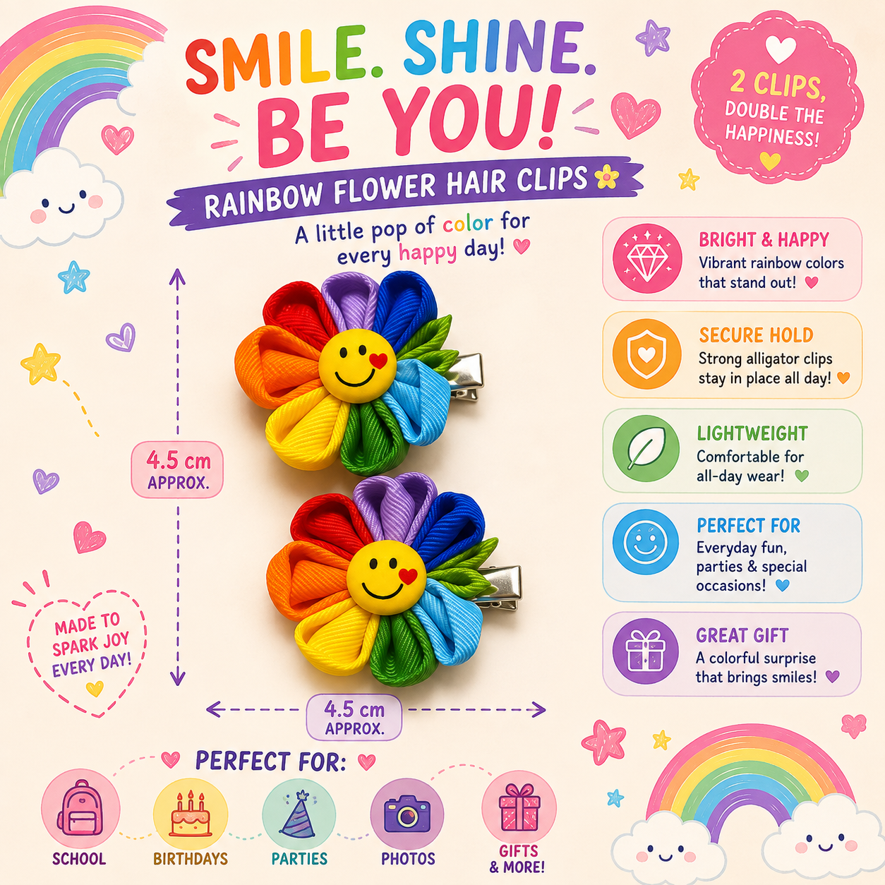 Rainbow Flower Hair Clips. H