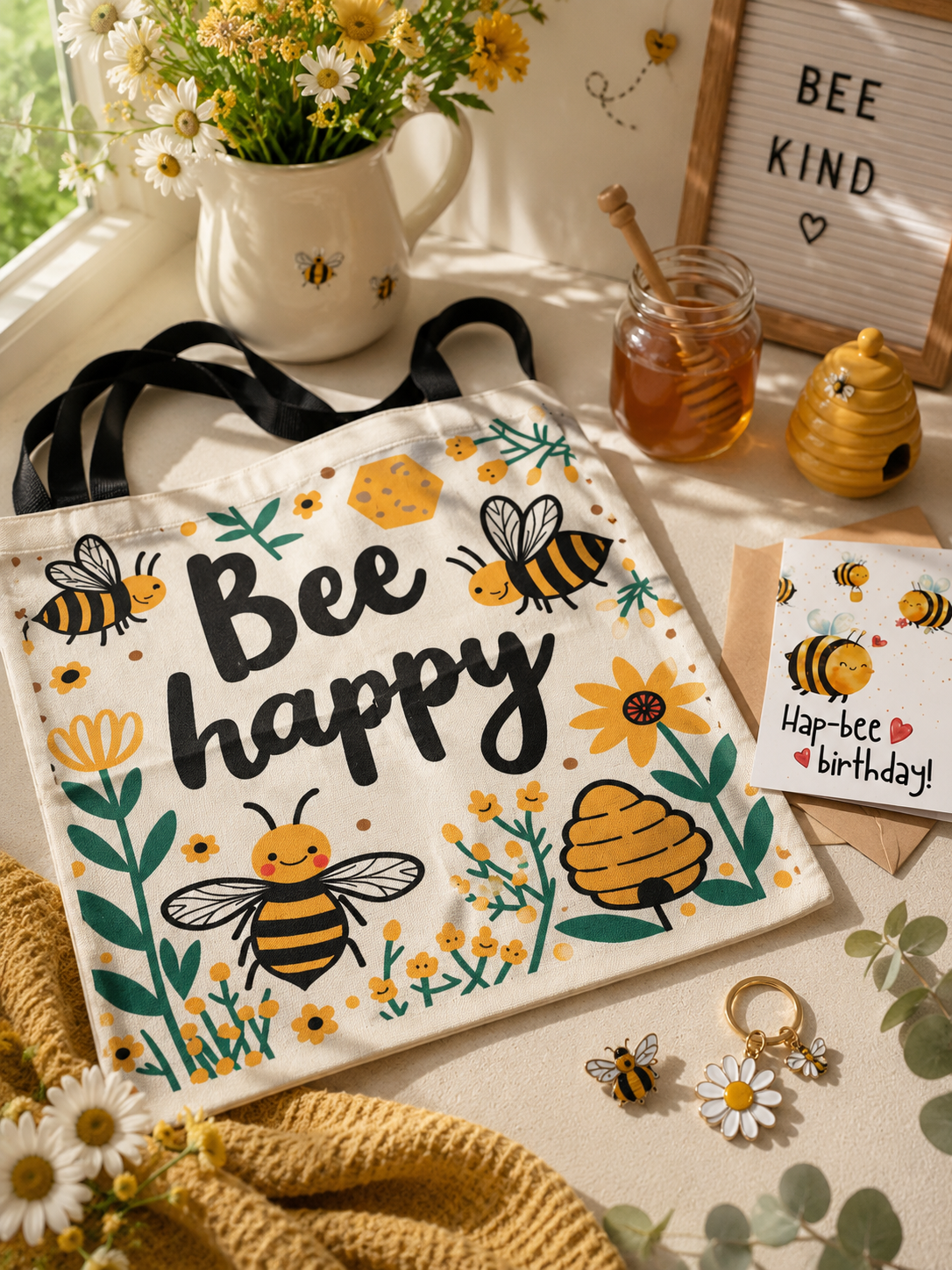 BEEst Friend Goodies gift set featuring a Bee Happy tote bag, birthday card, bee pin badge and daisy keyring