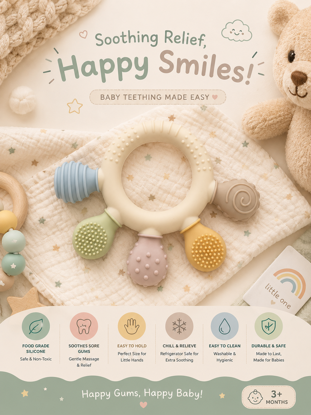 Baby silicone teething ring with multi-textured attachments in pastel colours