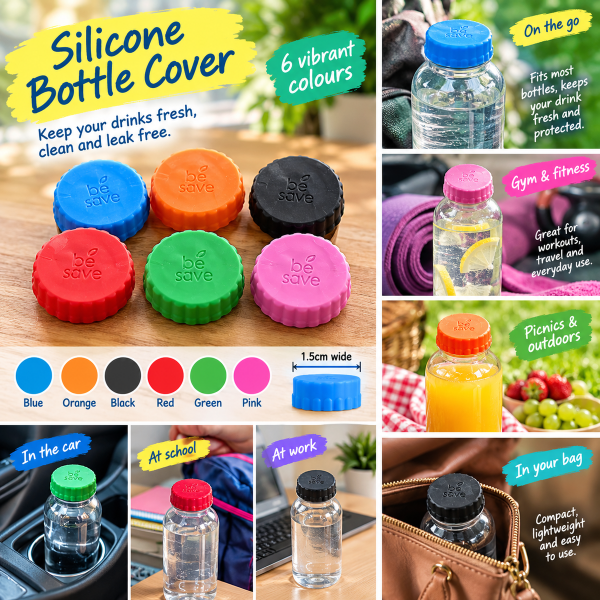 Silicone bottle covers in 6 colours – blue, orange, black, red, green and pink – fits most standard bottles
