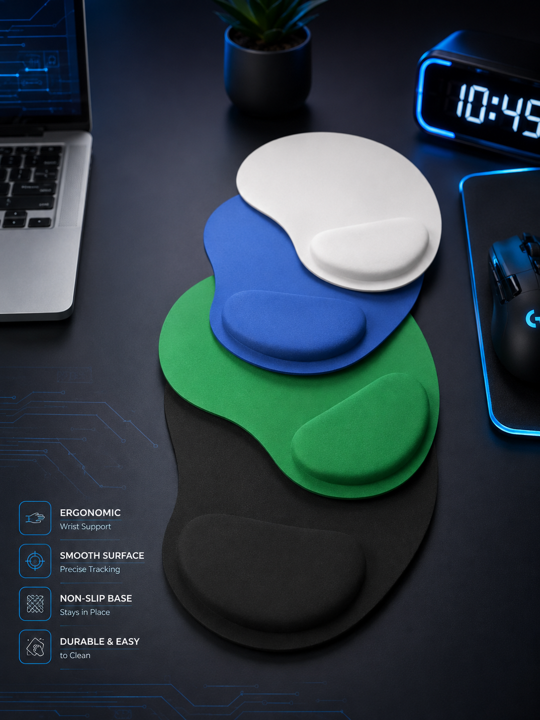 Mouse mat with ergonomic wrist support in black, green, blue, and white colours