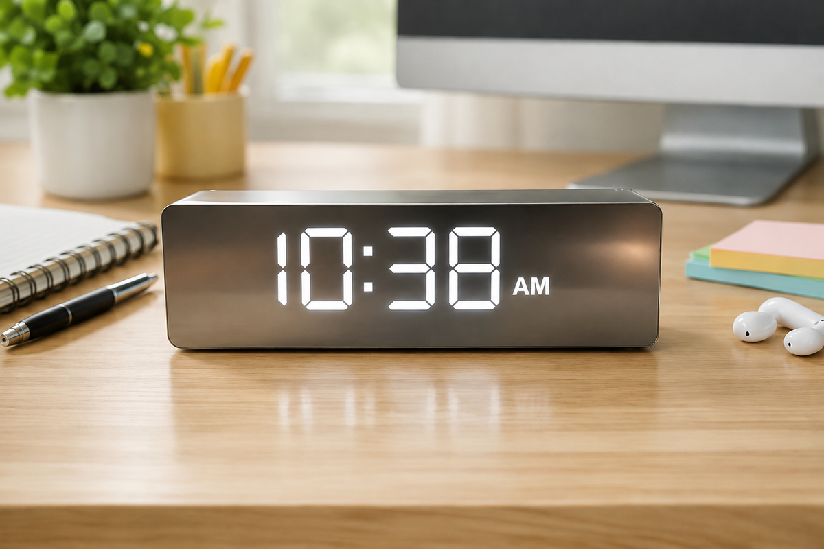 White LED digital alarm clock on a desk showing 10:38 AM