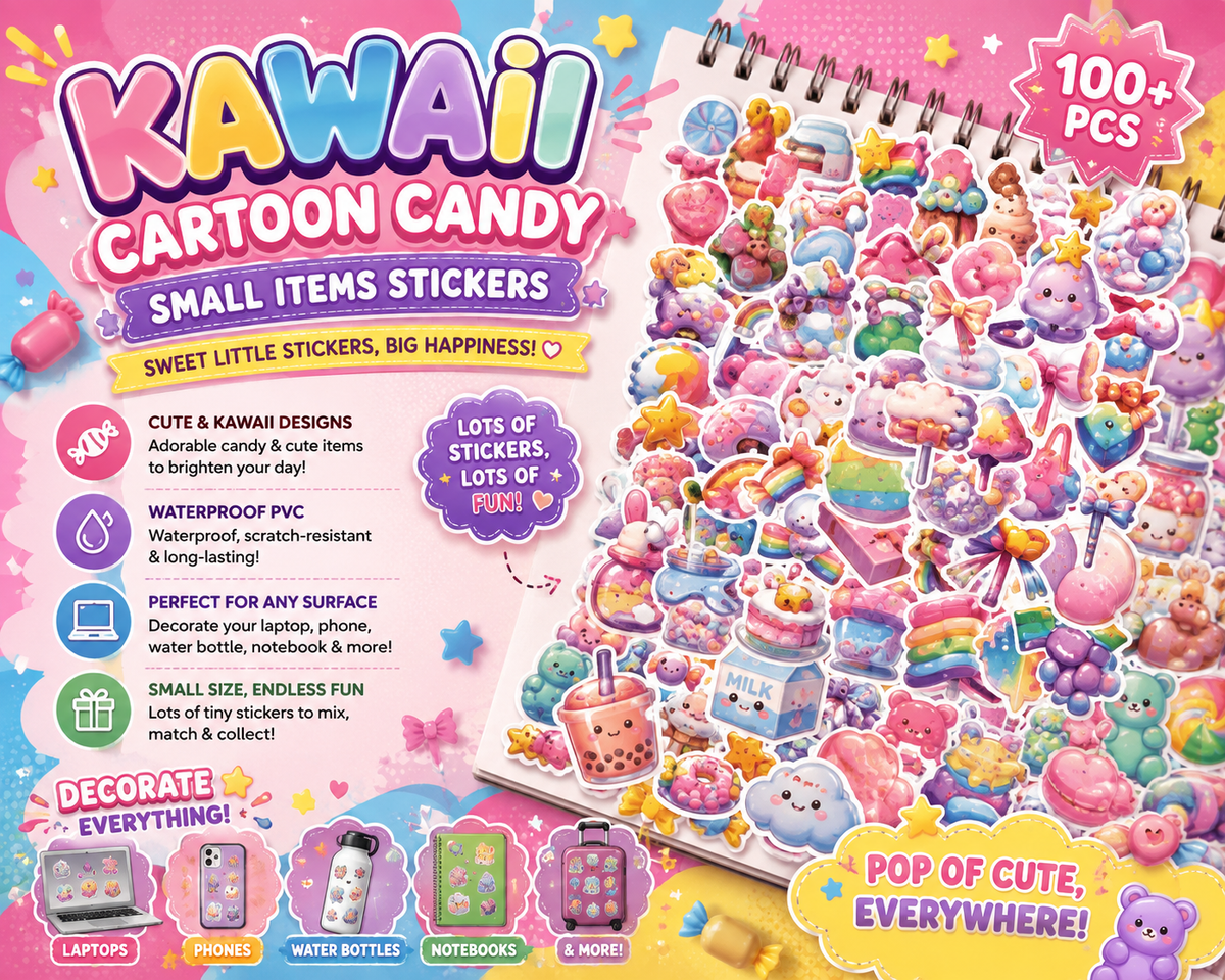 Kawaii cartoon candy small items stickers pack with 100+ cute designs