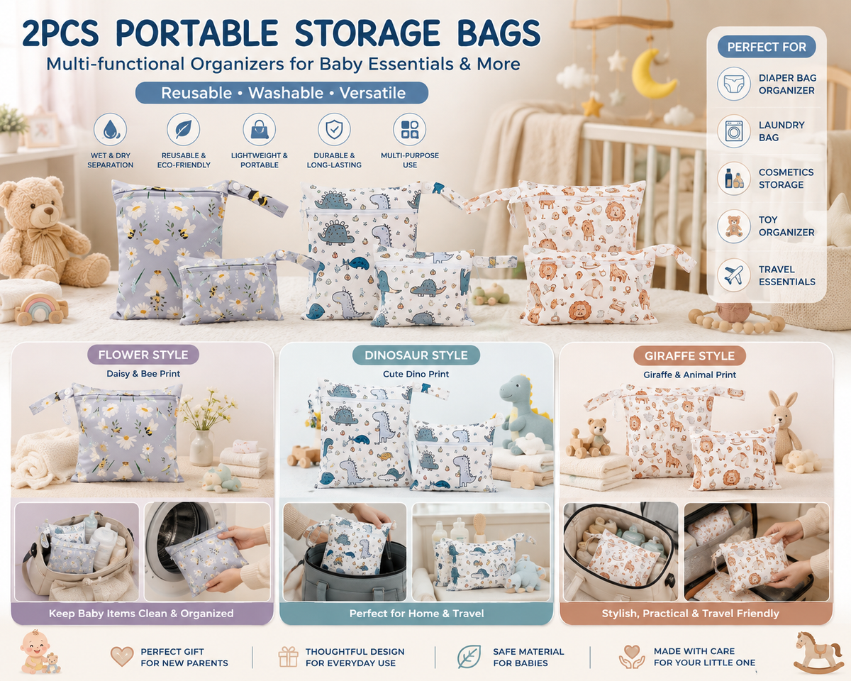 2pcs portable storage bags in Flower, Dinosaur and Giraffe Designs for baby essentials and travel