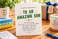 Happy Birthday to an Amazing Son greetings card – bold green typography with heartfelt verse about love and pride