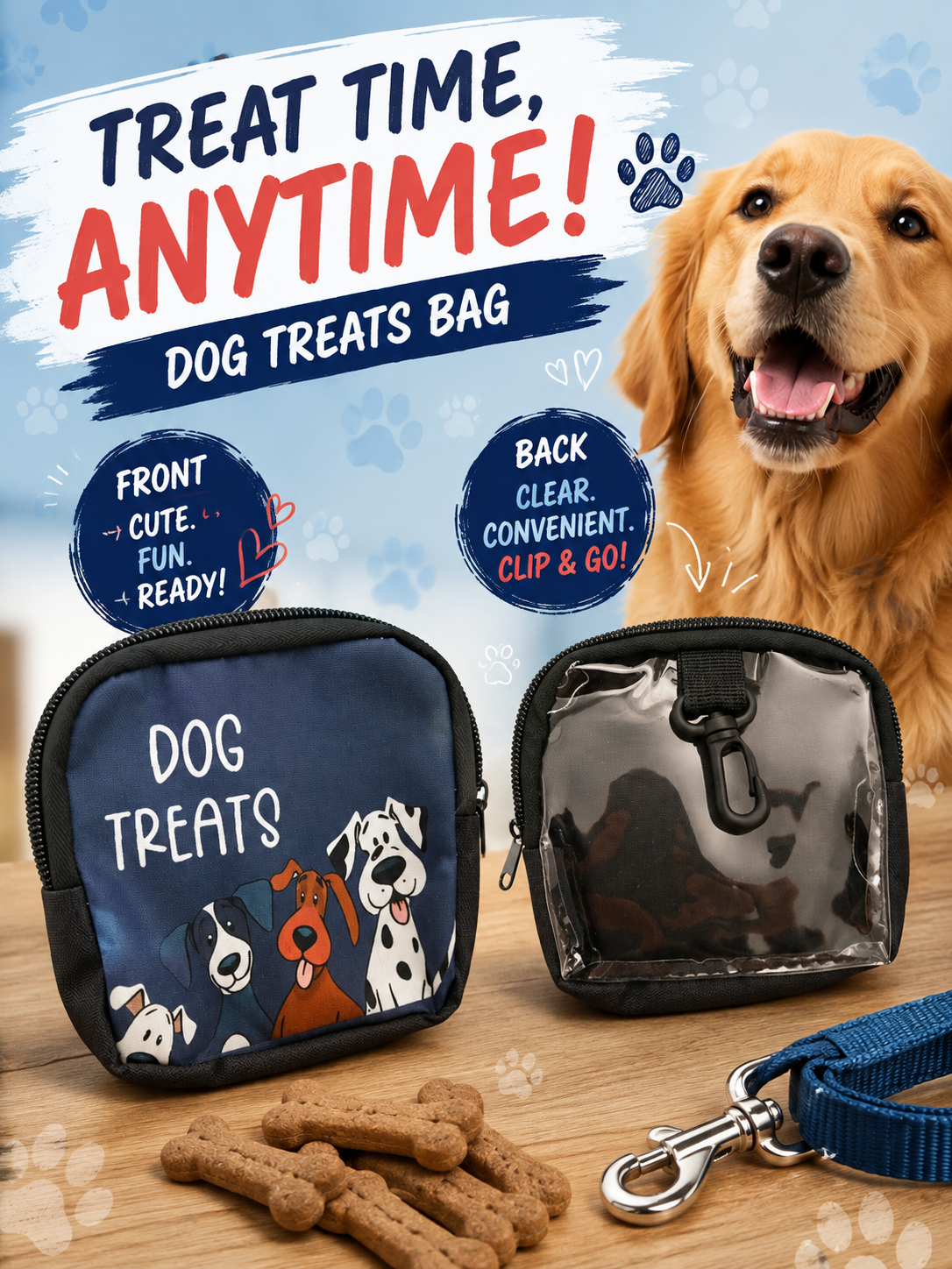 Dog treats bag showing illustrated front and clear clip-on back panel