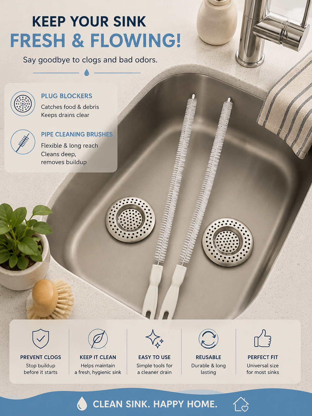 2-piece sink drain cleaning set with stainless steel plug blocker and flexible pipe cleaning brush